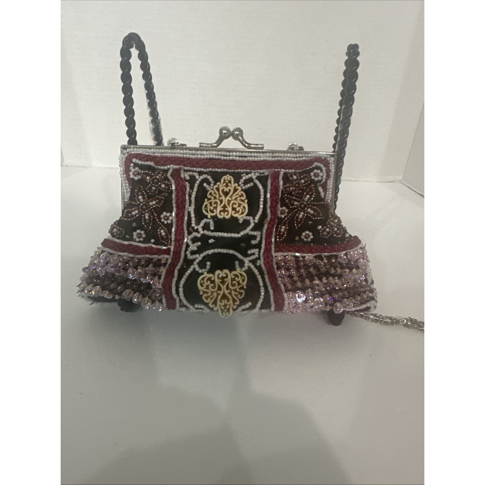 Vintage Small Ladies Black And Multicolor Beaded Coin Crossbody